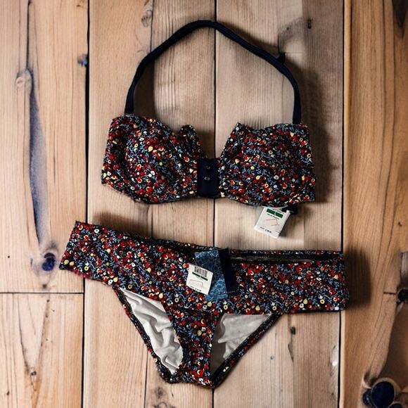 Splendid Swim Womens large Navy Blue and Red Floral Bikini new plunge swim - Picture 1 of 7